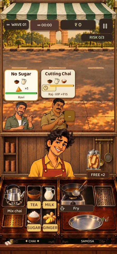 Endless Delhi gameplay with customers, order tickets, a kettle and a samosa fryer.