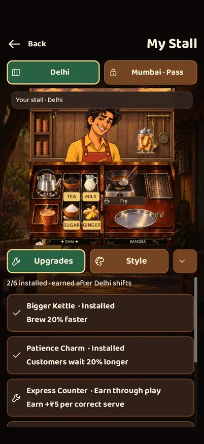My Stall screen showing earned kettle, fryer and canopy upgrades.