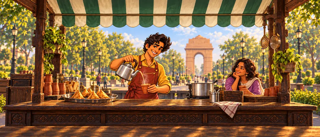 Arun and a Delhi regular share a moment at the roadside chai stall.