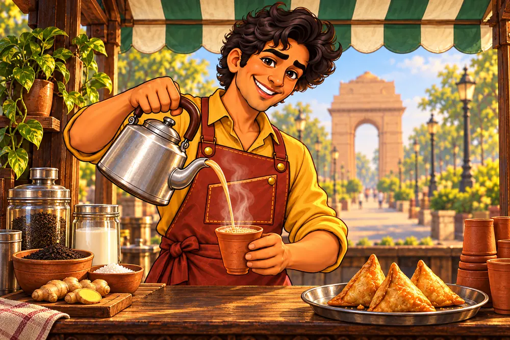 Arun pours chai from a silver kettle beside sizzling samosas, with Delhi’s India Gate behind his stall.